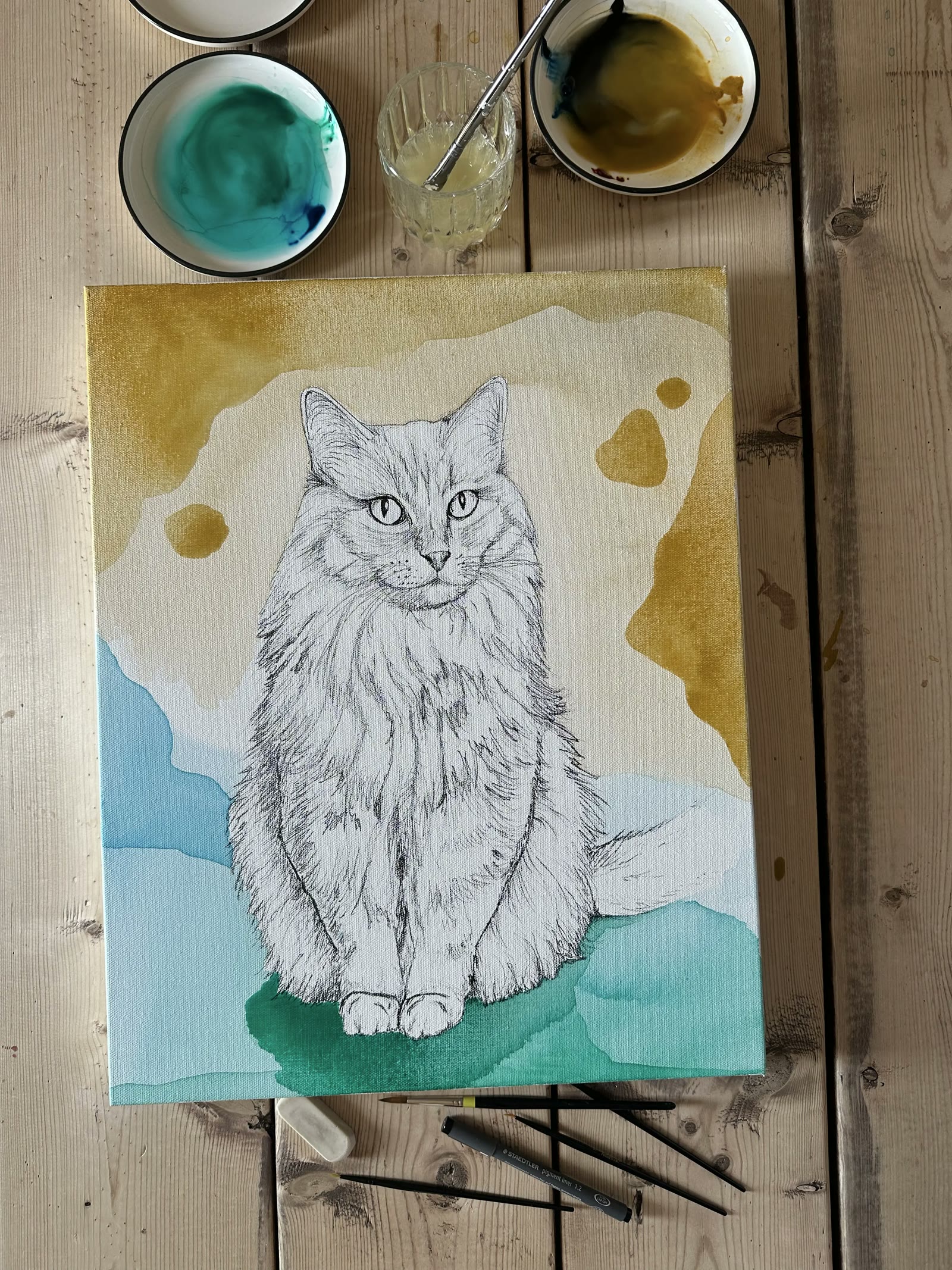 The ink drawing with the first flat washes