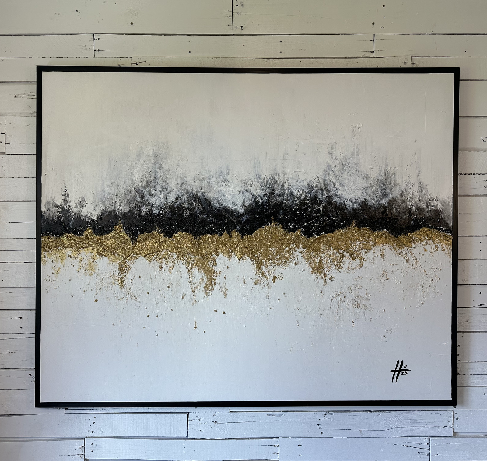 Treasure, acrylic, gold leaf, sand, and Copper Horse Coffee grounds (Sumatra) on canvas, 2023